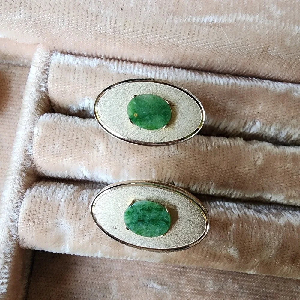 DANTE‎ Cufflinks Vintage Green Jade Stone Gold Tone Classic Menswear